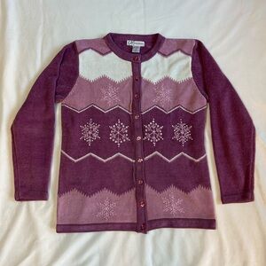Dressbarn Purple and Cream Snowflake Cardigan‎ Size Medium